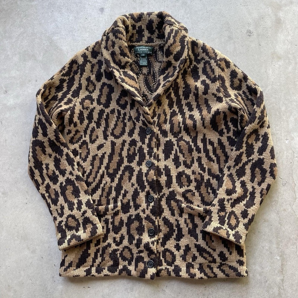 Vintage Ralph Lauren Leopard Ocelot Hand Knit Lambswool Cardigan Sweater S